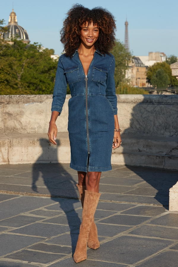 Mid Blue Zip Front Denim Dress