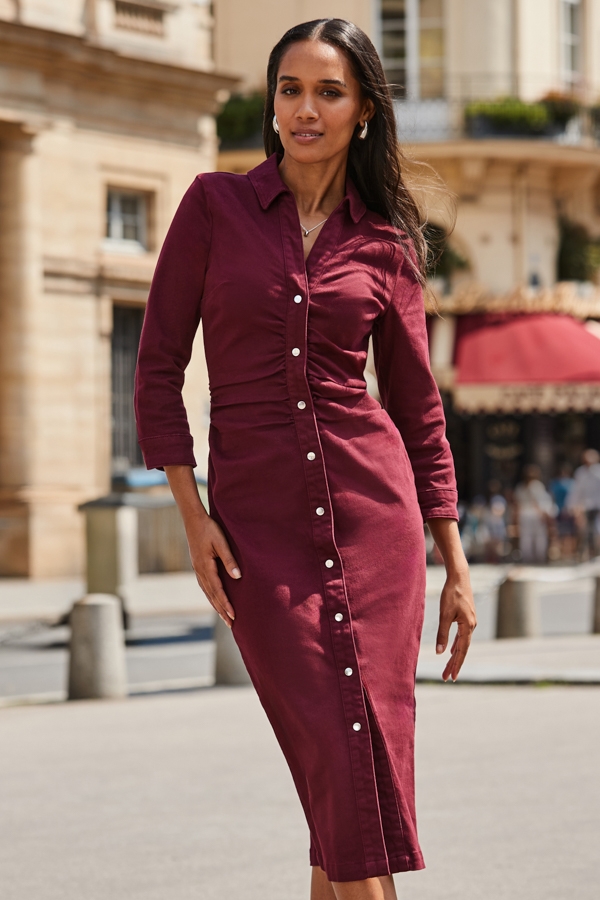 Burgundy Ruched Waist Denim Dress