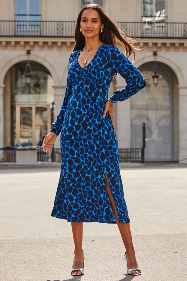 Blue Morocco Print Split Detail Dress