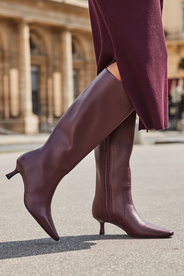 Burgundy Knee High Low Heel Boots