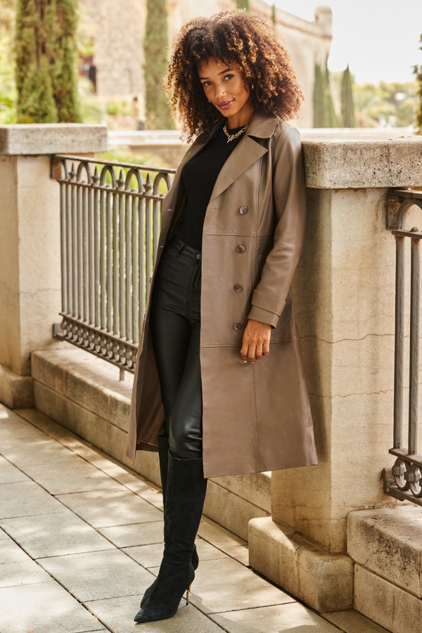 Taupe Premium Leather Trench Coat