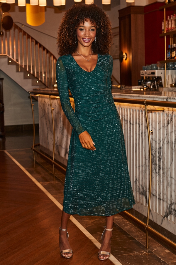 Emerald Green Embellished Fit & Flare Midi Dress
