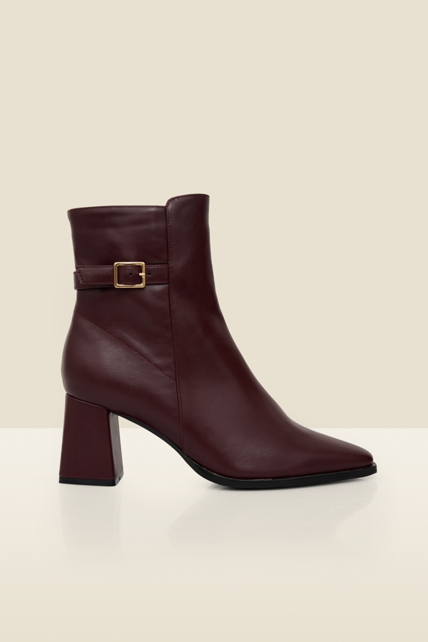 Burgundy Block Heel Ankle Boots With Buckle Trim