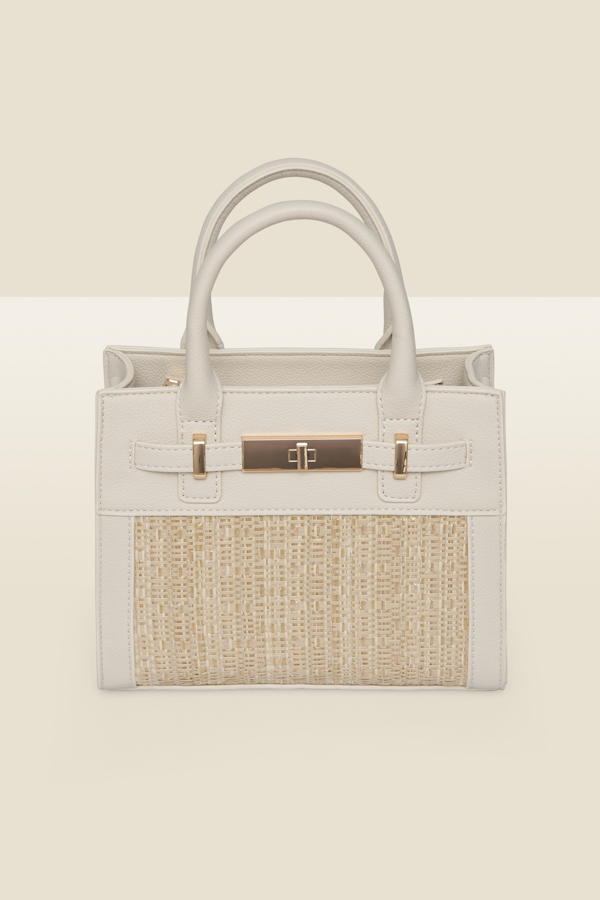 Ivory & Natural Raffia Small Tote Bag With Cross Body Strap