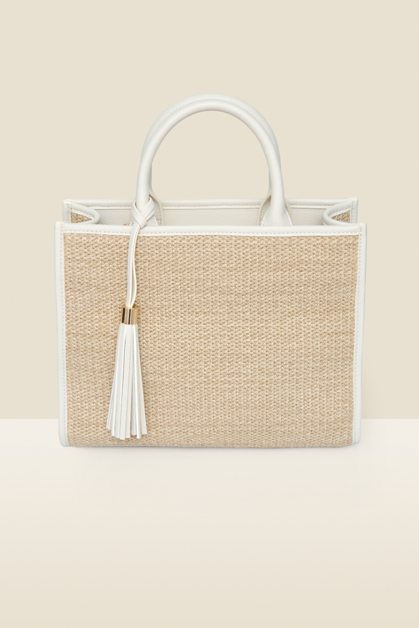 Natural Raffia & Ivory Trim Tassel Tote Bag