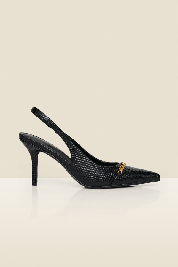 Black Croc Chain Detail Slingback High Heel Court Shoes