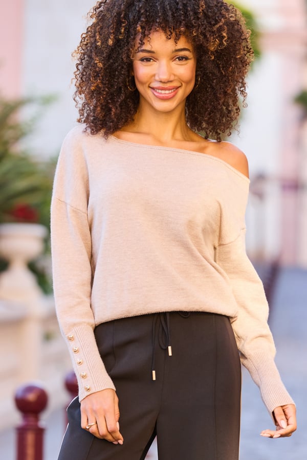 Taupe Off The Shoulder Asymmetric Jumper