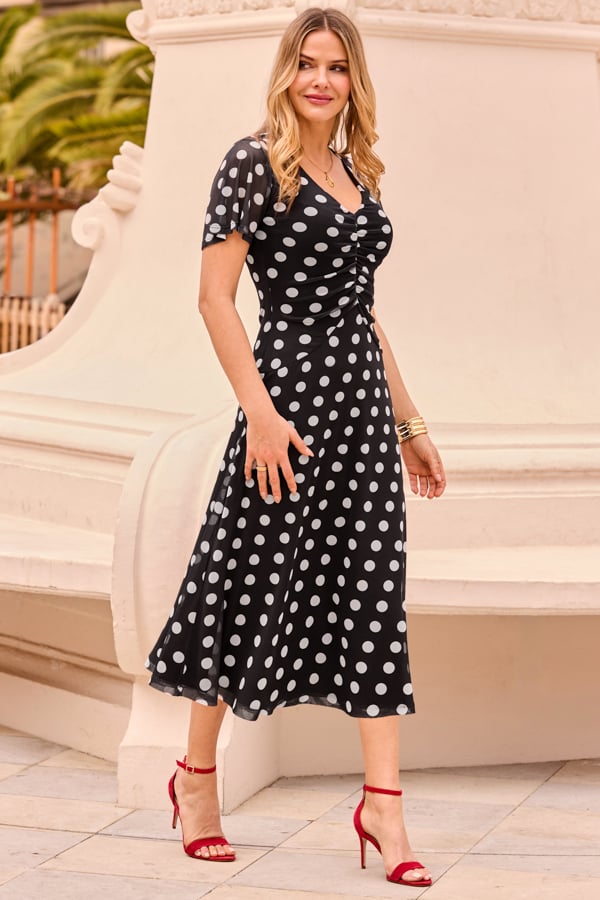 Black & White Spot Print Mesh Ruched Front Fit & Flare Dress