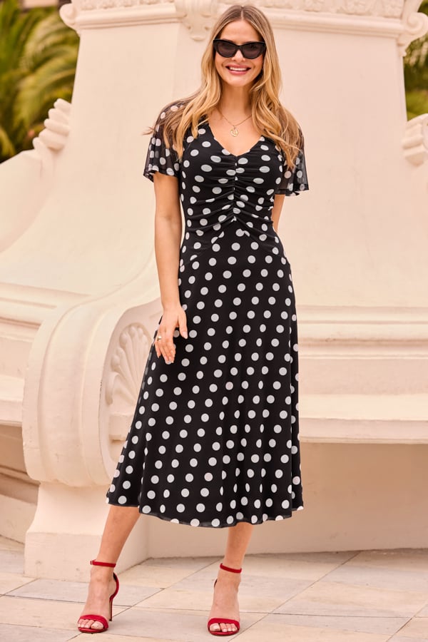 Black & White Spot Print Mesh Ruched Front Fit & Flare Dress