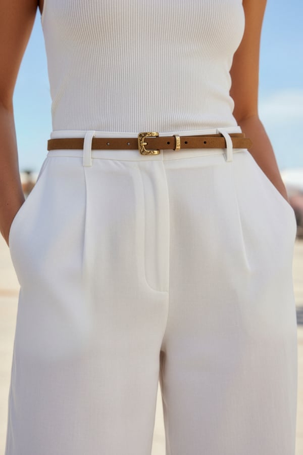 Tan Suede Gold Hammered Buckle Slim Leather Belt