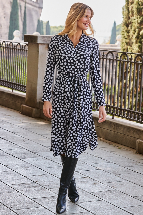 Black & White Spot Print Belted Shirt Dress