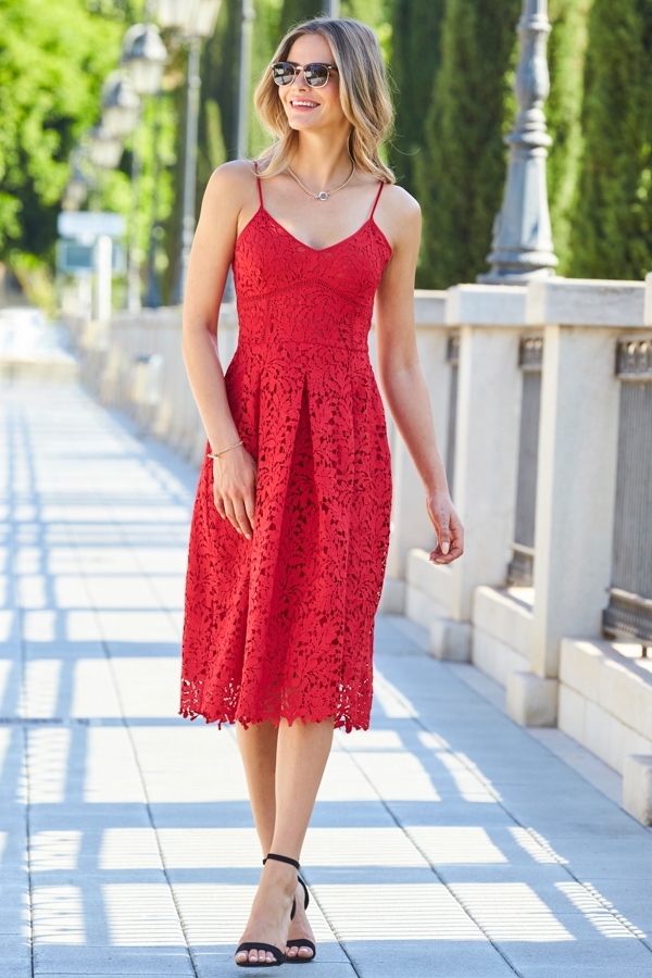 Red Lace Premium Strappy Fit & Flare Dress