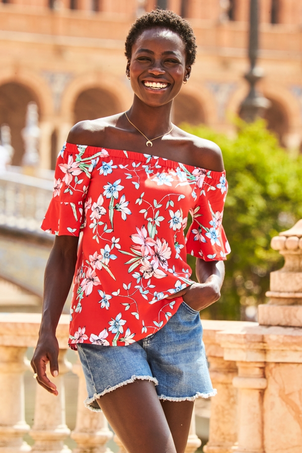 Red Floral Print Fluted Sleeve Bardot Top