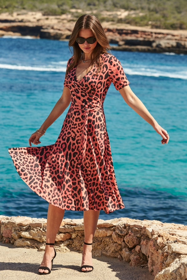 Coral Animal Print Midi Wrap Jersey Dress