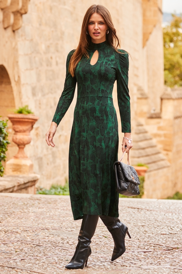 Black & Green Animal Print Keyhole Detail Fit & Flare Jersey Dress