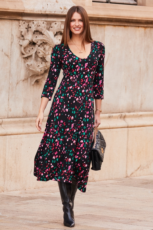 Pink & Green Animal Print Jersey Midi Dress