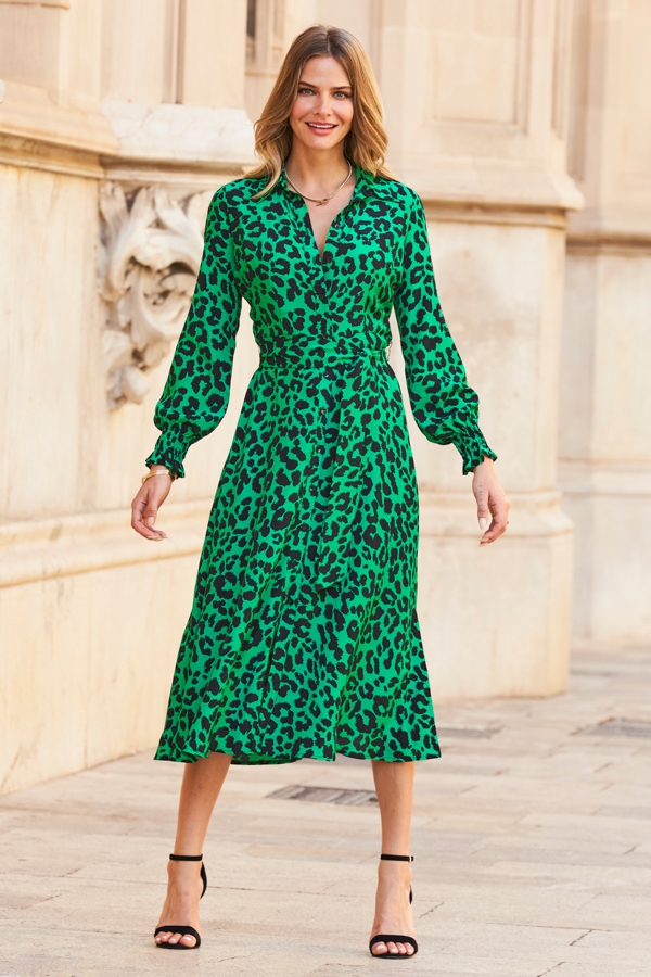 Green Animal Print Cuffed Sleeve Midi Shirt Dress