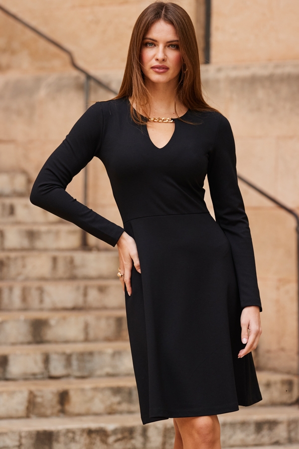 Black Ponte Chain Detail Fit & Flare Jersey Dress