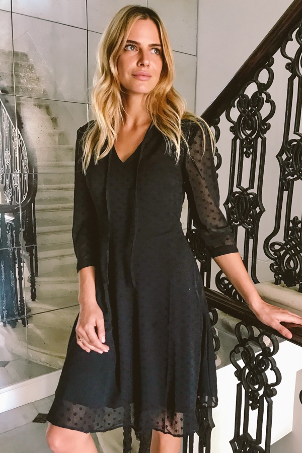 Black Woven Spot Fit & Flare Tie Neck Dress