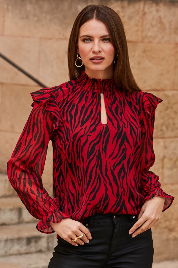 Red & Black Animal Print Keyhole Detail Blouse