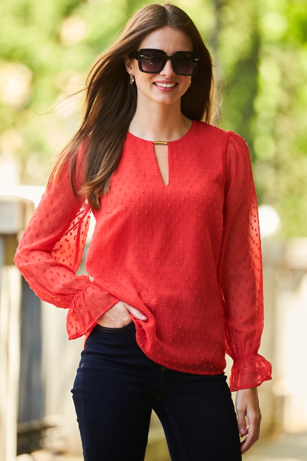 Red Dobby Print Gold Keyhole Detail Blouse