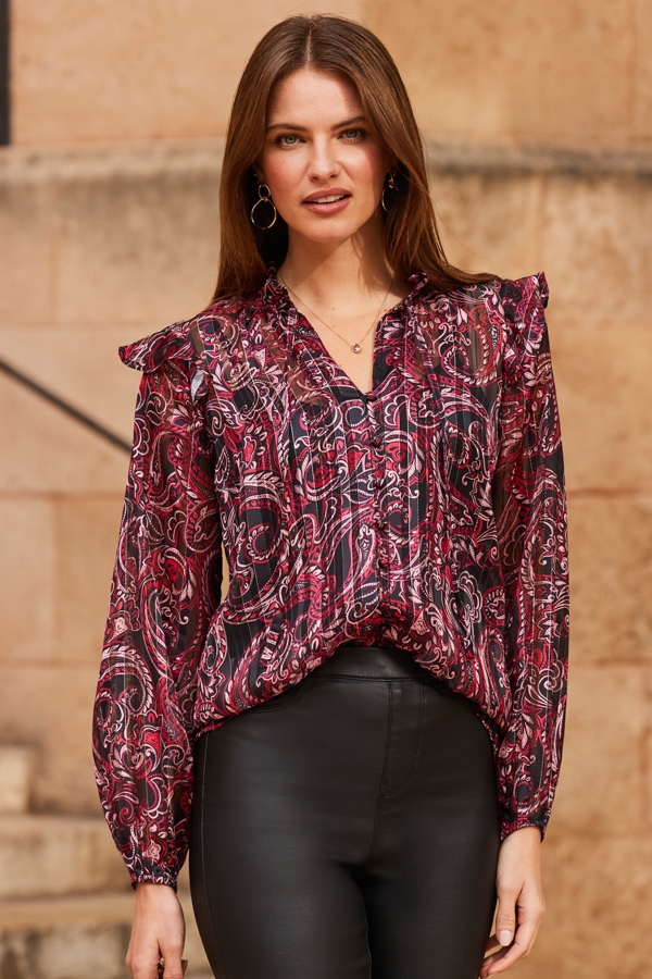 Burgundy Paisley Print Ruffle Shoulder Tie Neck Blouse
