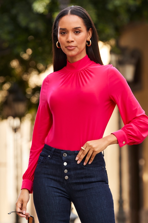 Hot Pink High Neck Button Detail Jersey Top