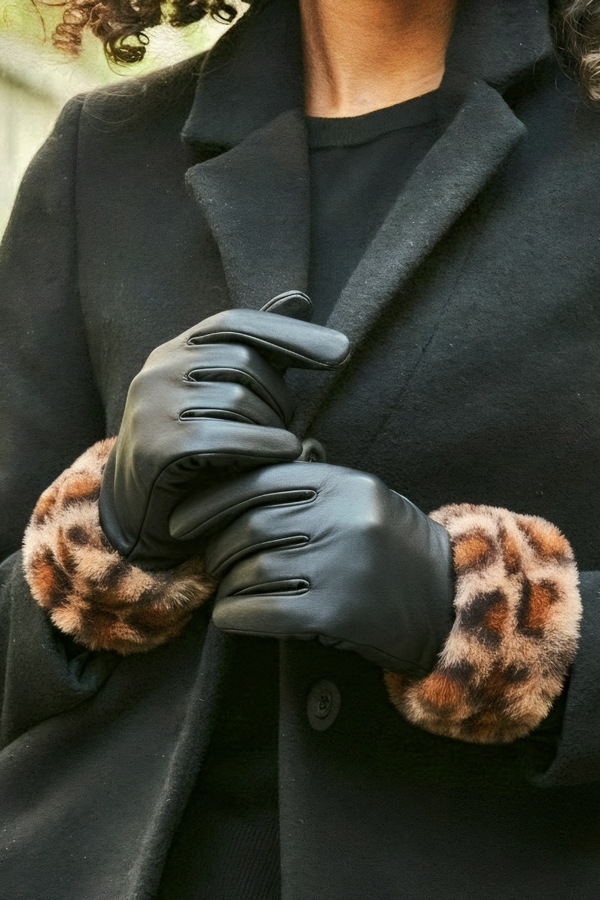 Leopard Leather Faux Fur Trim Gloves