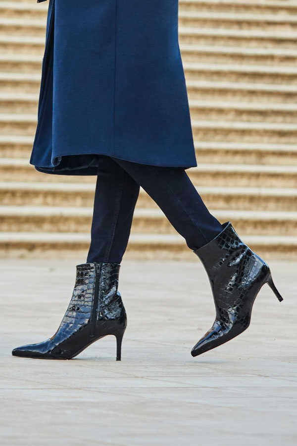 Black Croc Leather Mid Heel Ankle Boot
