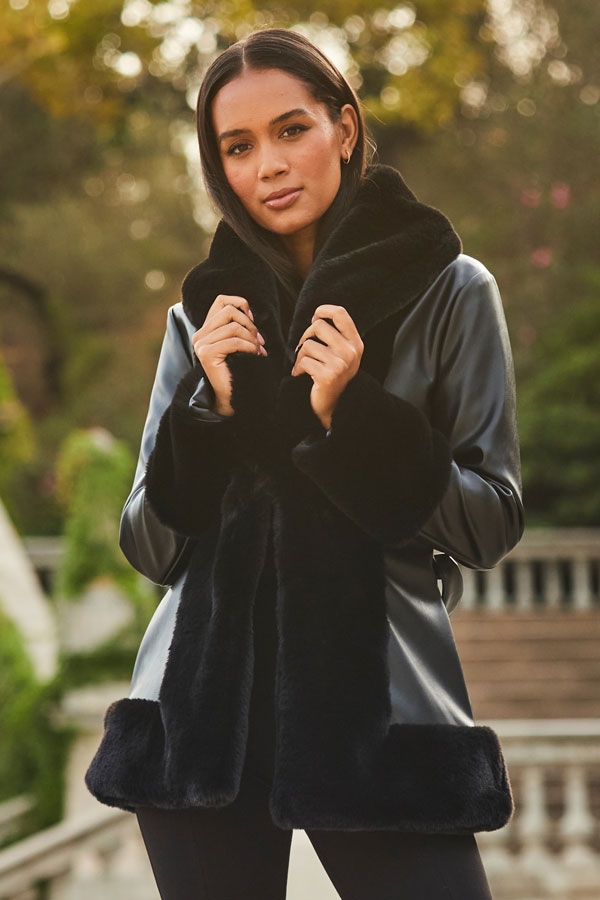 Black Faux Leather Coat With Faux Fur Trim