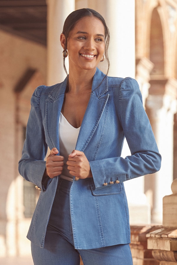 Petite Mid Blue Denim Gold Button Detail Blazer