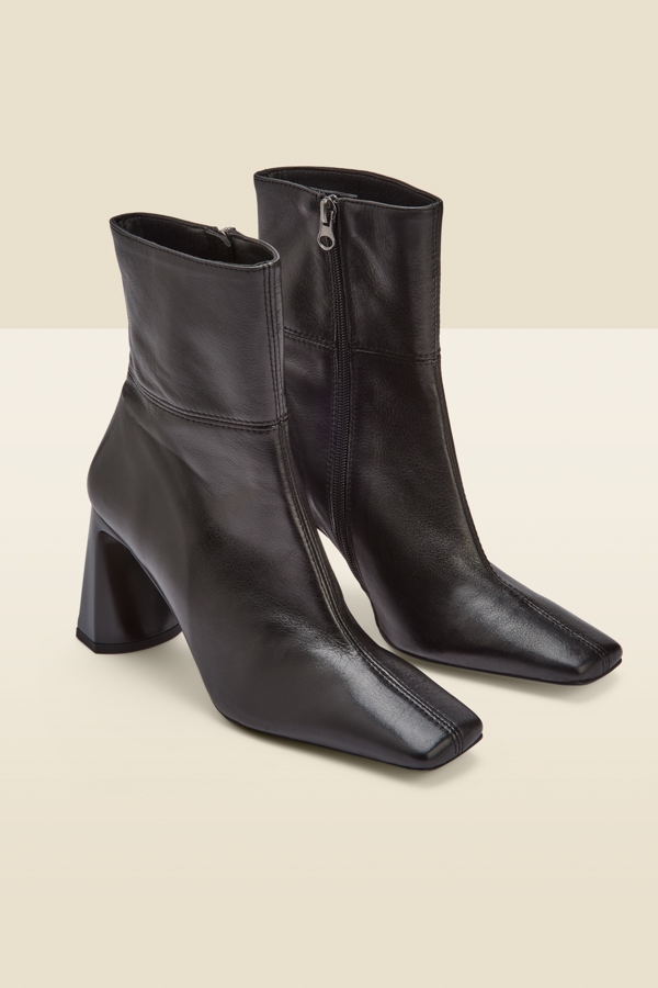 Nova Black Leather Square Toe Interest Heel Ankle Boot