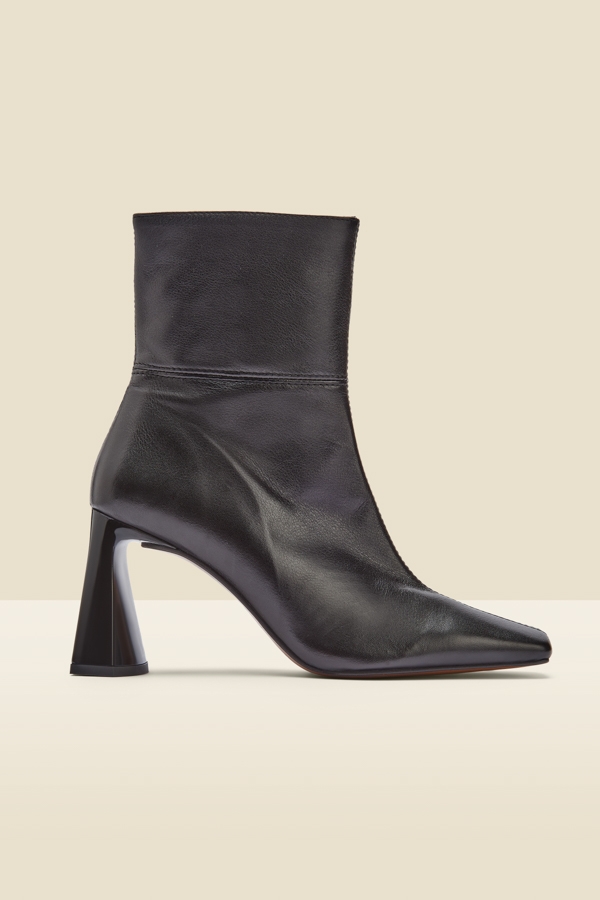 Nova Black Leather Square Toe Interest Heel Ankle Boot