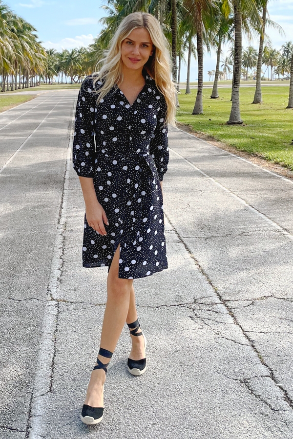 Black & White Spot Print Tie Waist Shirt Dress