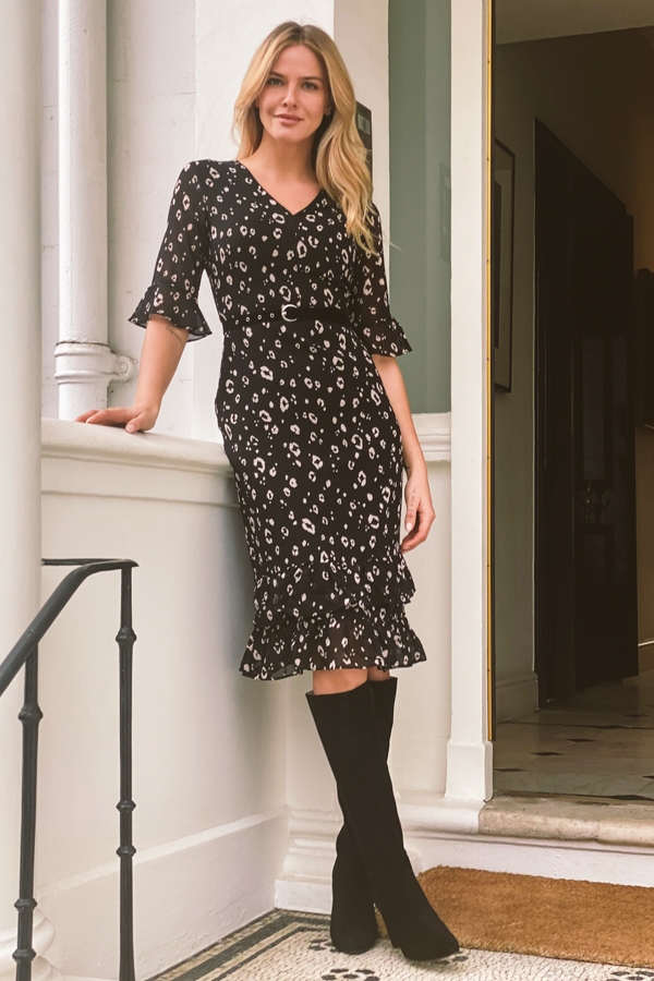 Black Animal Print Ruffle Detail Belted Dress