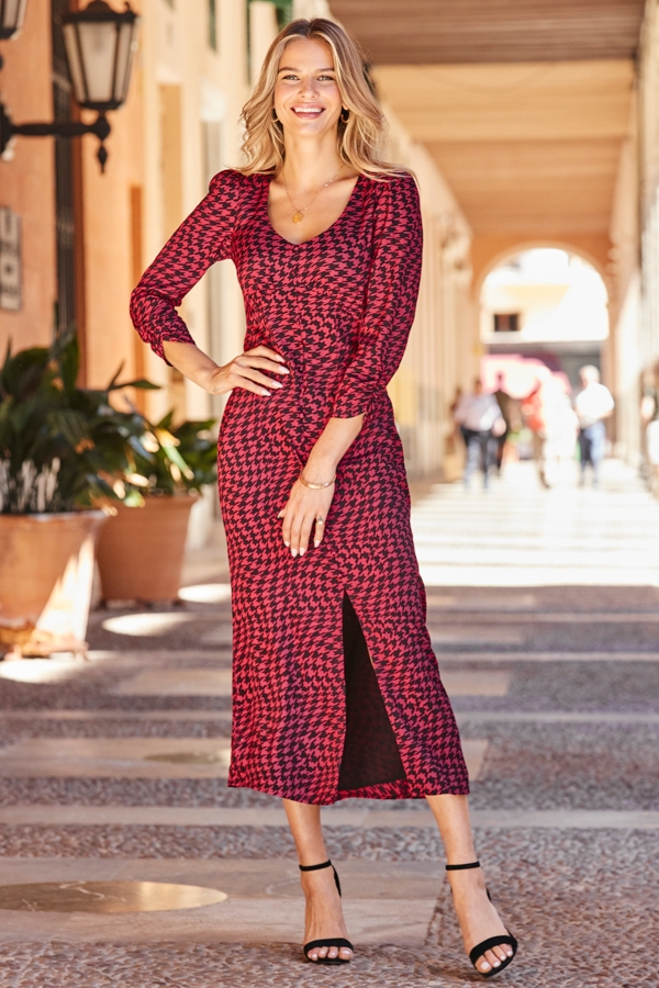 Pink & Black Houndstooth Print Button Detail Midi Dress