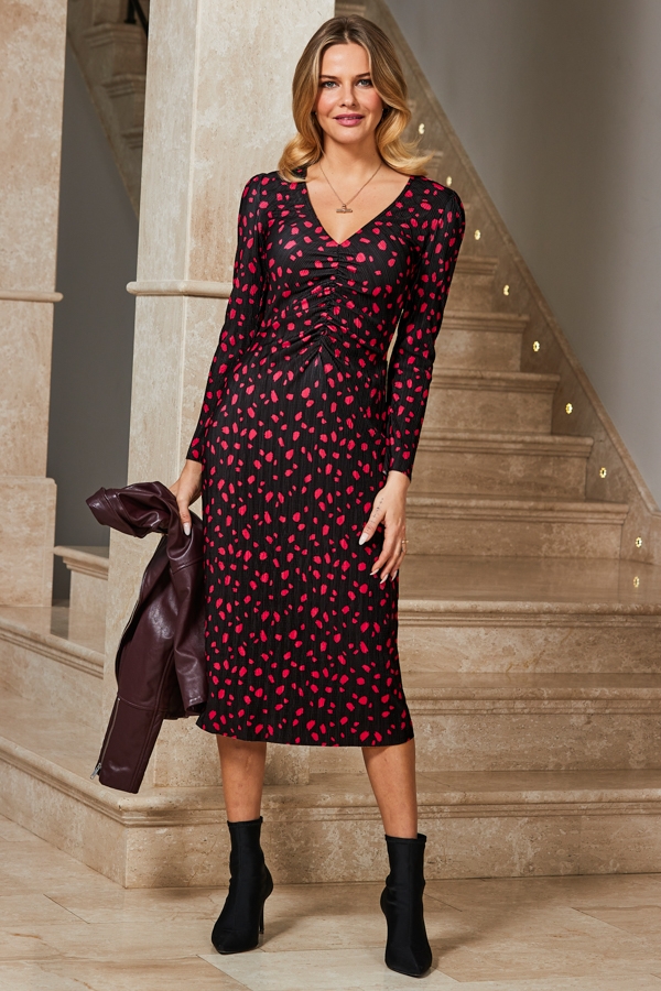 Black & Pink Fleck Print Plisse Twist Front Jersey Dress