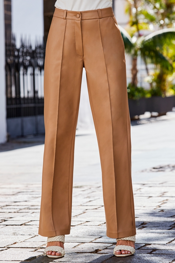 Tan Faux Leather Wide Leg Trousers