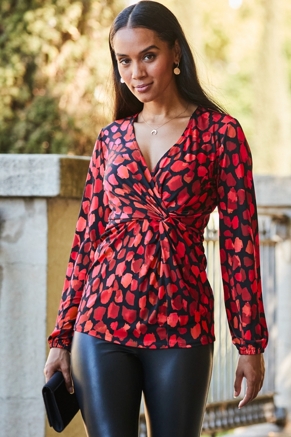 Red Fleck Print Wrap Front Blouson Sleeve Jersey Top