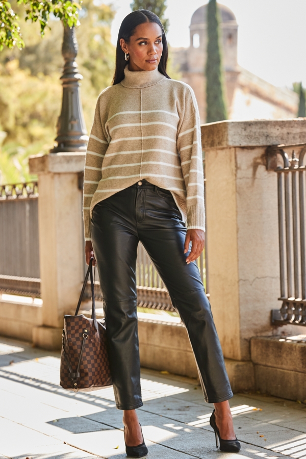 Taupe & White Stripe Roll Neck Jumper