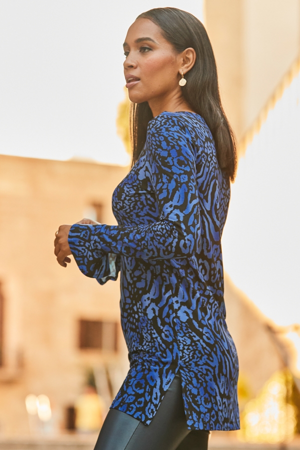 Blue & Black Animal Print Zip Front Tunic Jersey Top