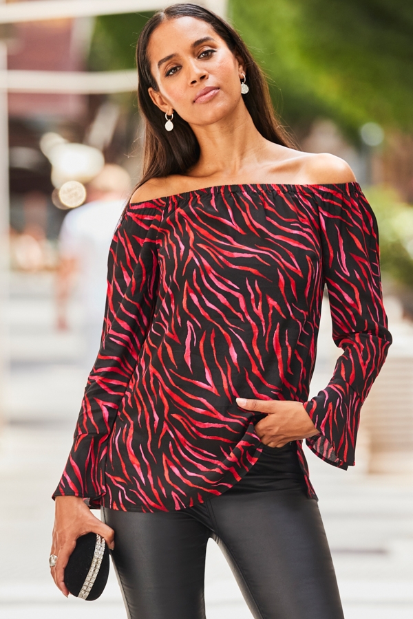 Black & Red Animal Print Fluted Sleeve Bardot Top