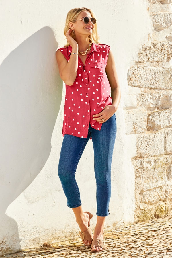 Red & White Spot Print Sleeveless Utility Shirt