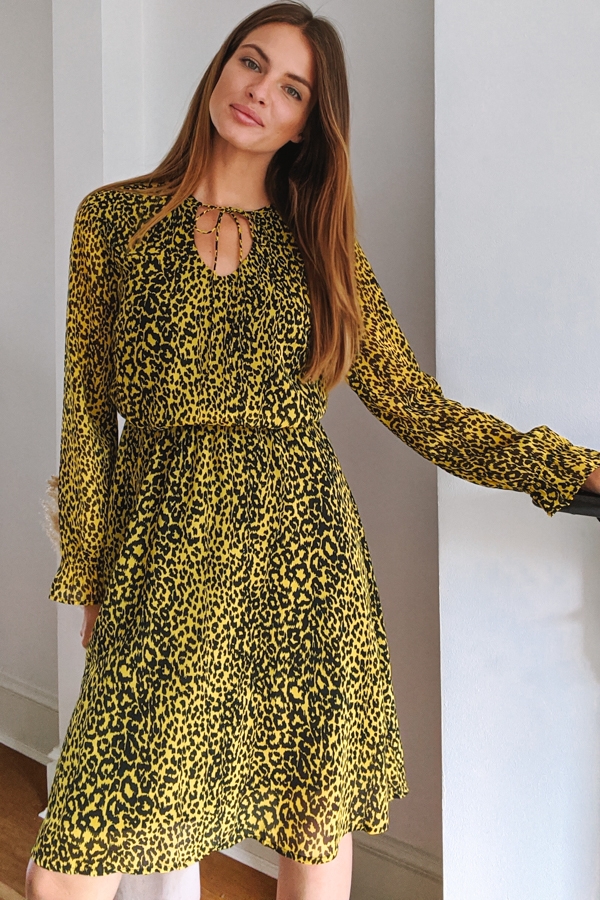 Yellow & Black Animal Print Tie Neck Dress
