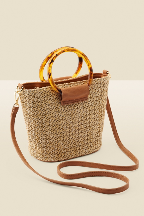 Natural Raffia Tortoiseshell Hoop Bag With Cross Body Strap