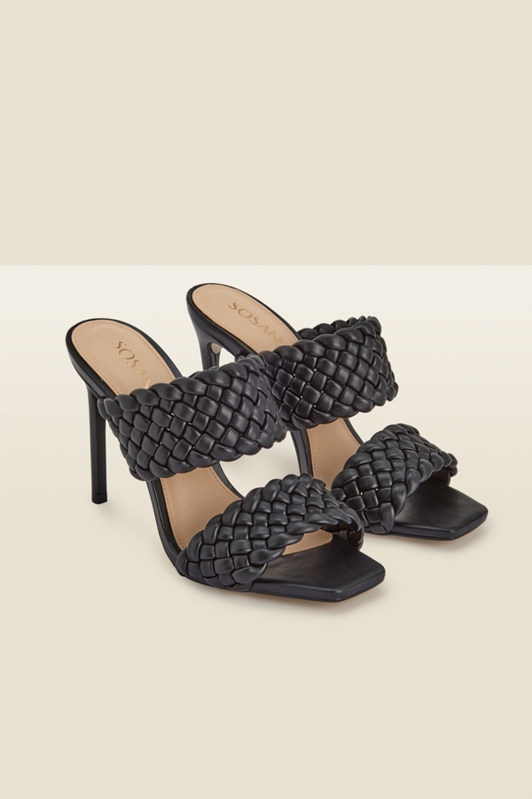 Valentina Black Leather Woven Double Strap Square Toe Mule