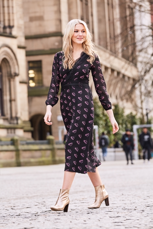 Black Butterfly Print Fit & Flare Dress 