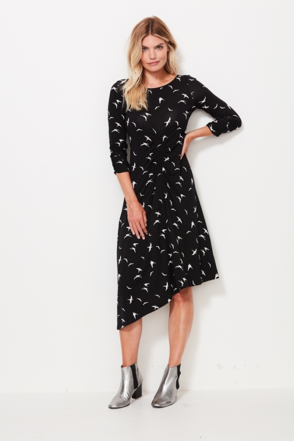 Black & White Bird Print Asymmetric Hem Dress