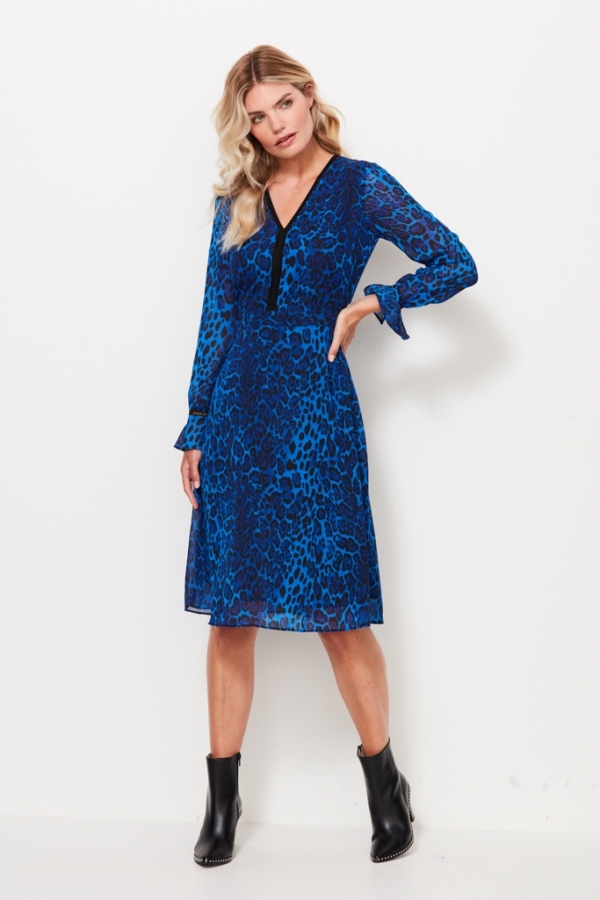 Sapphire Blue Leopard Print V Neck Dress