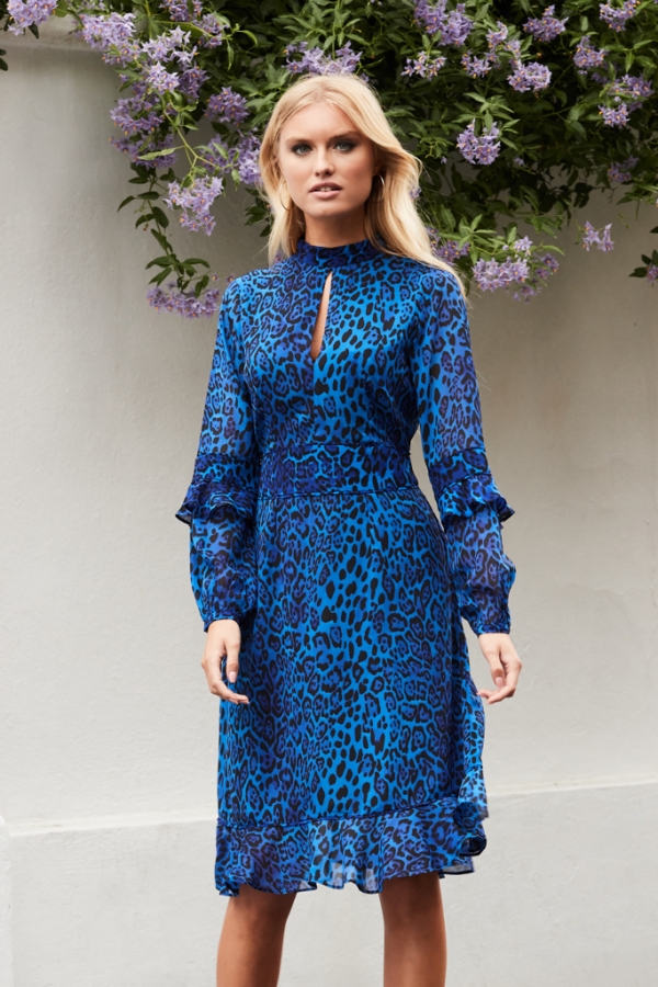 Blue Leopard Print Fit Flare Ruffle Dress